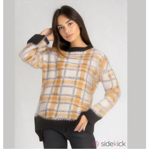 John Paul Richard cozy eyelash sweater yellow plaid S academic fuzzy academia - Picture 1 of 7